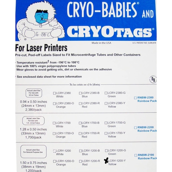 Cryo-Tags, Laser, 1 1/2x3/4", Yellow, 1200/pk, 1200PK